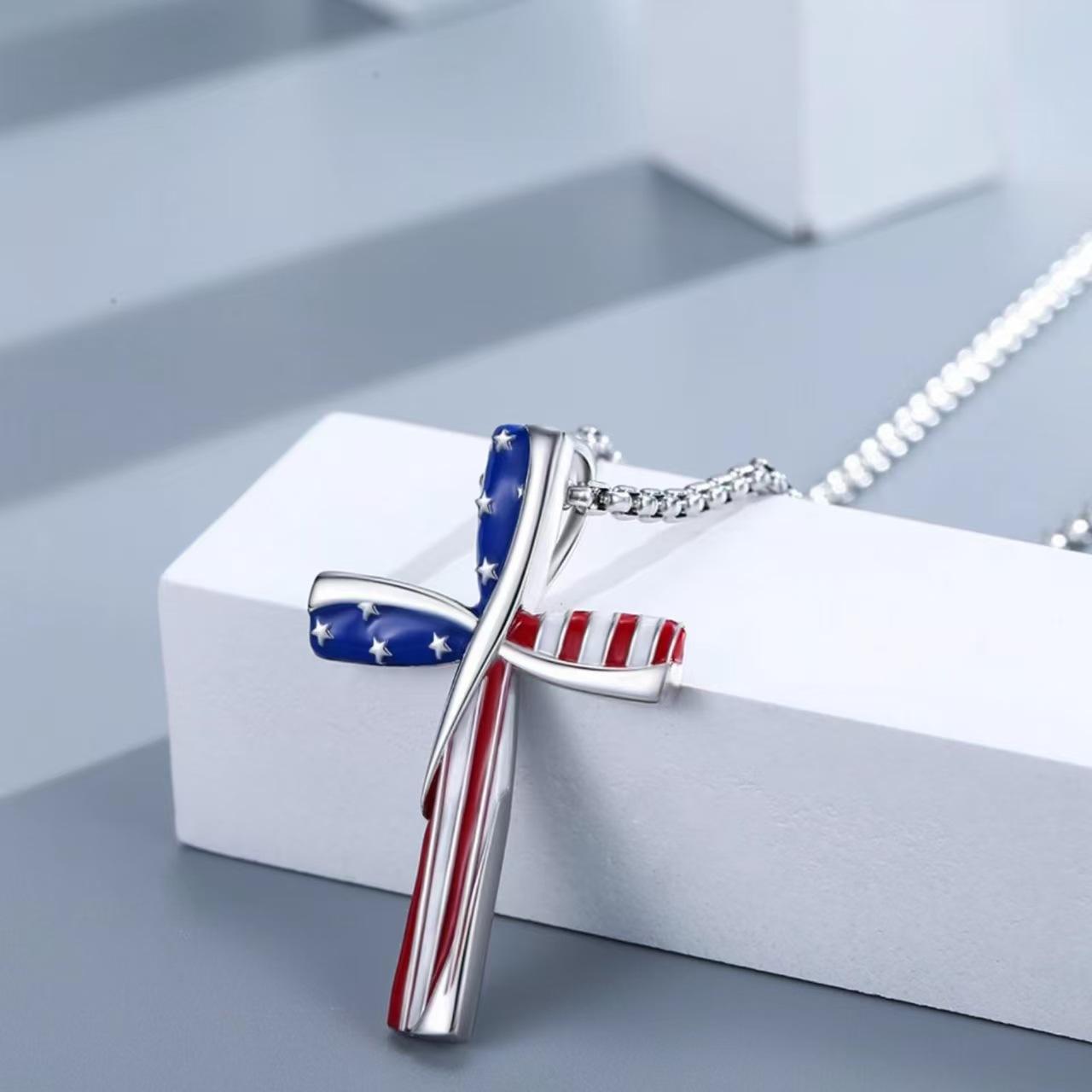 Cross-Border American Independence Day Cross Necklace, Personalized, Fashionable, Simple and Versatile Flag Pendant, Men's and Women's Necklaces Wholesale