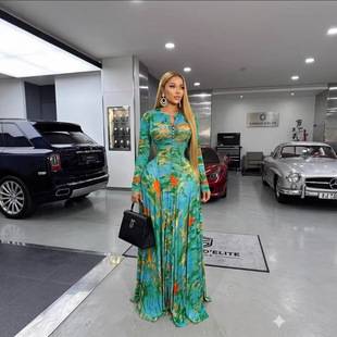 European and American Cross-Border Women's Clothing 2026 Spring New Style Elegant Round Neck Printed Single-Breasted Evening Dress Long-Sleeved Dress