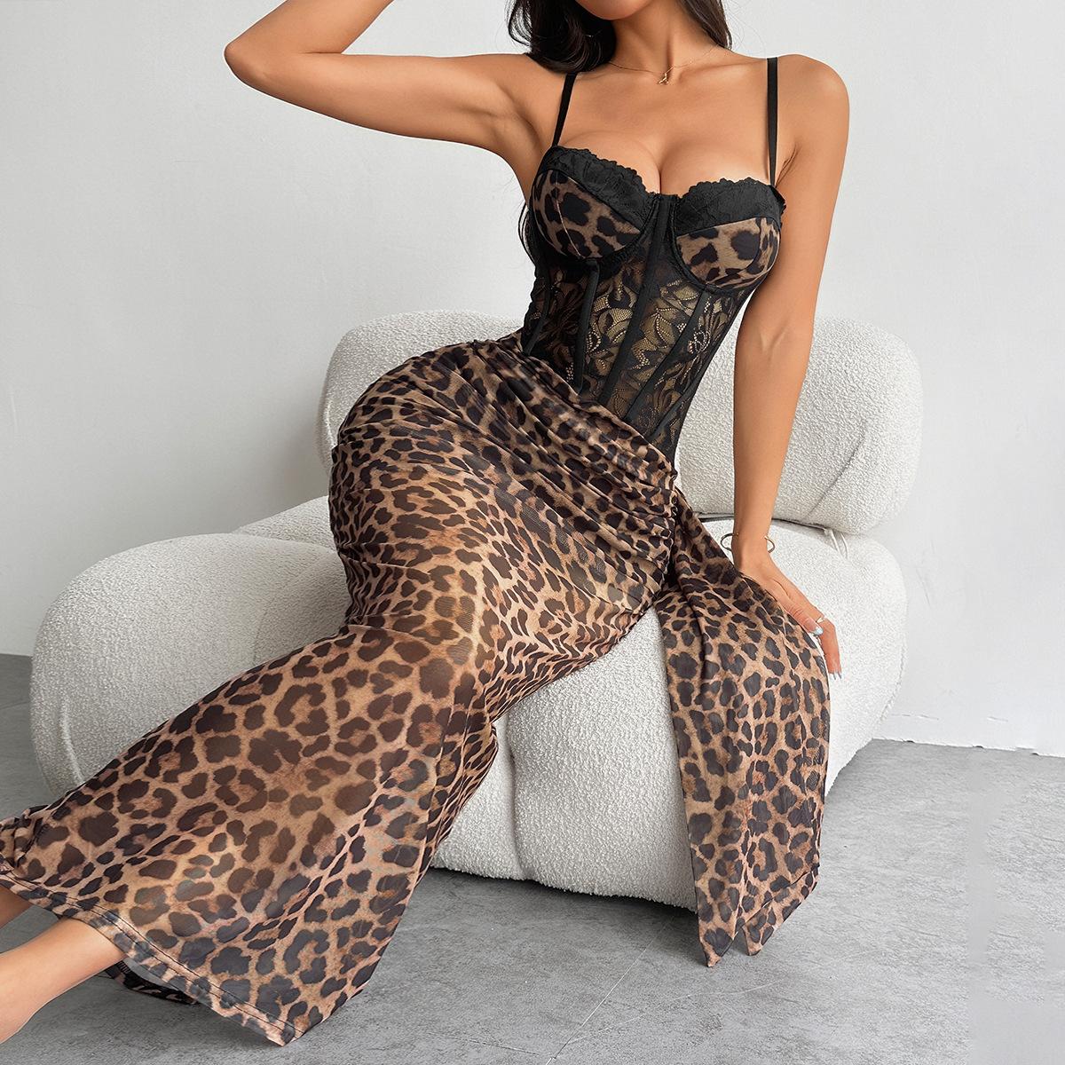 European and American Style Leopard Print Lace Slim-Fit Spaghetti Strap Dress, Sexy Hot Girl Tube Top Vacation Dress