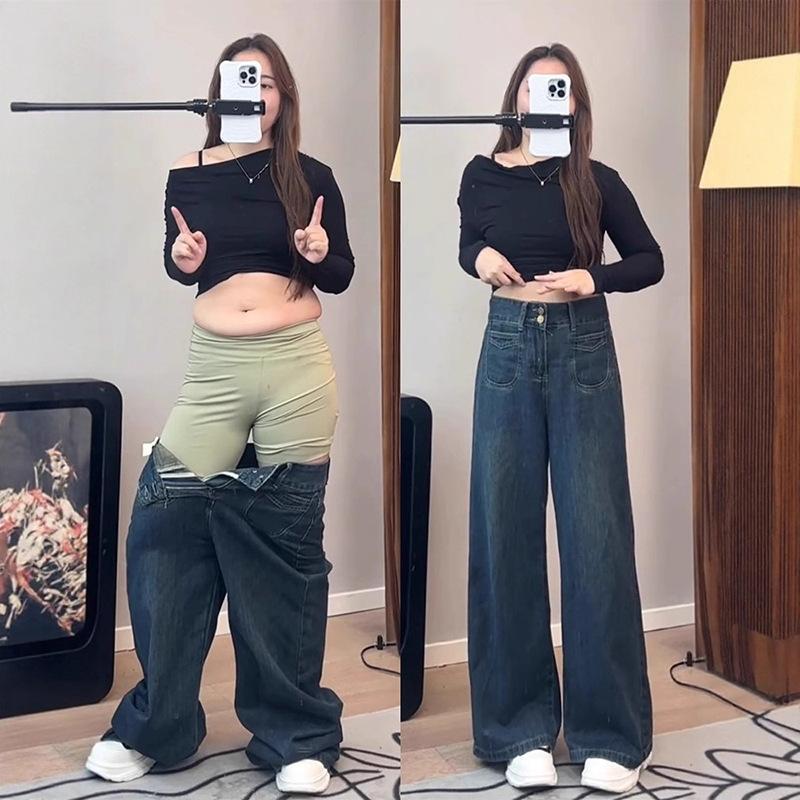 Plus-Size Women's Jeans, Large Size, Slimming Long Pants, Spring and Autumn New Style, American Retro High-Waisted, Drapey, Loose Wide-Leg Pants