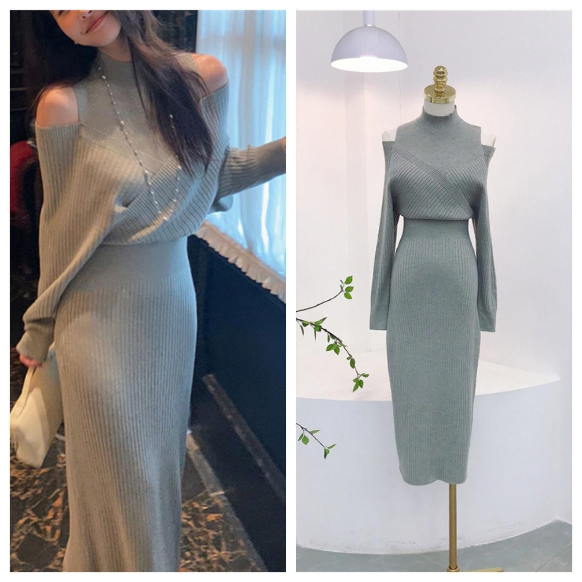 8158 Vintage Gentle Off-Shoulder Dress, New French Retro Style for Autumn and Winter, Half-High Collar, Waist-Cinching, Slit Long Dress, Thick