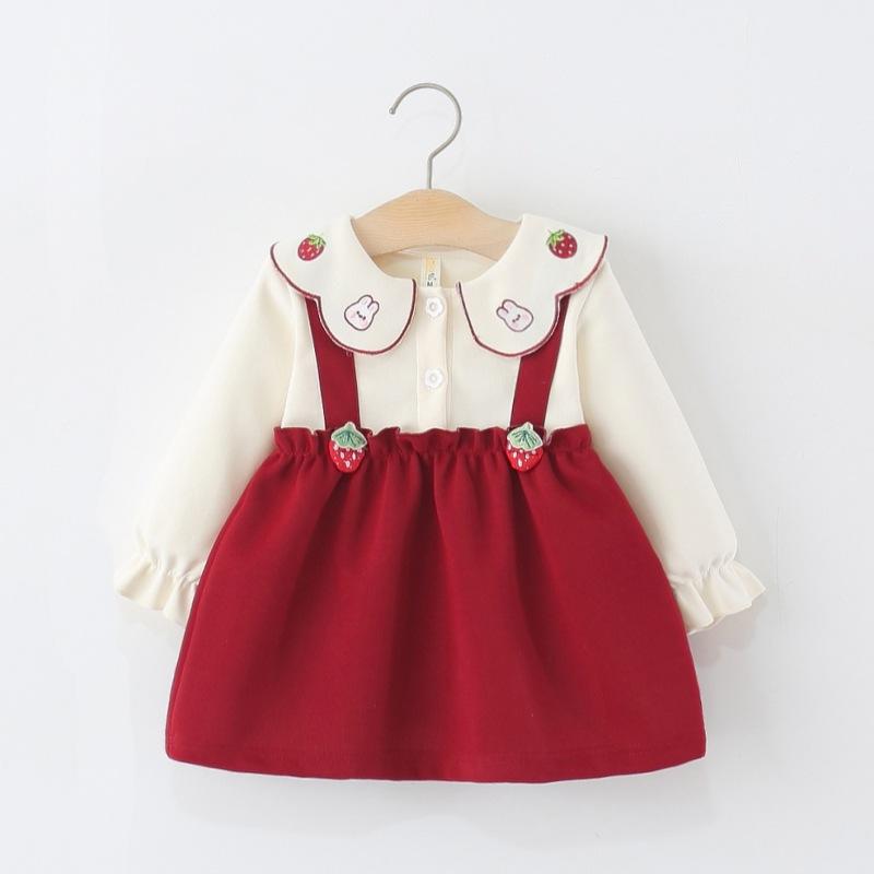Children's Clothing Girls' Dress Spring and Autumn Baby Girl Long-Sleeved Strawberry Bunny Fake Two-Piece Princess Dress
