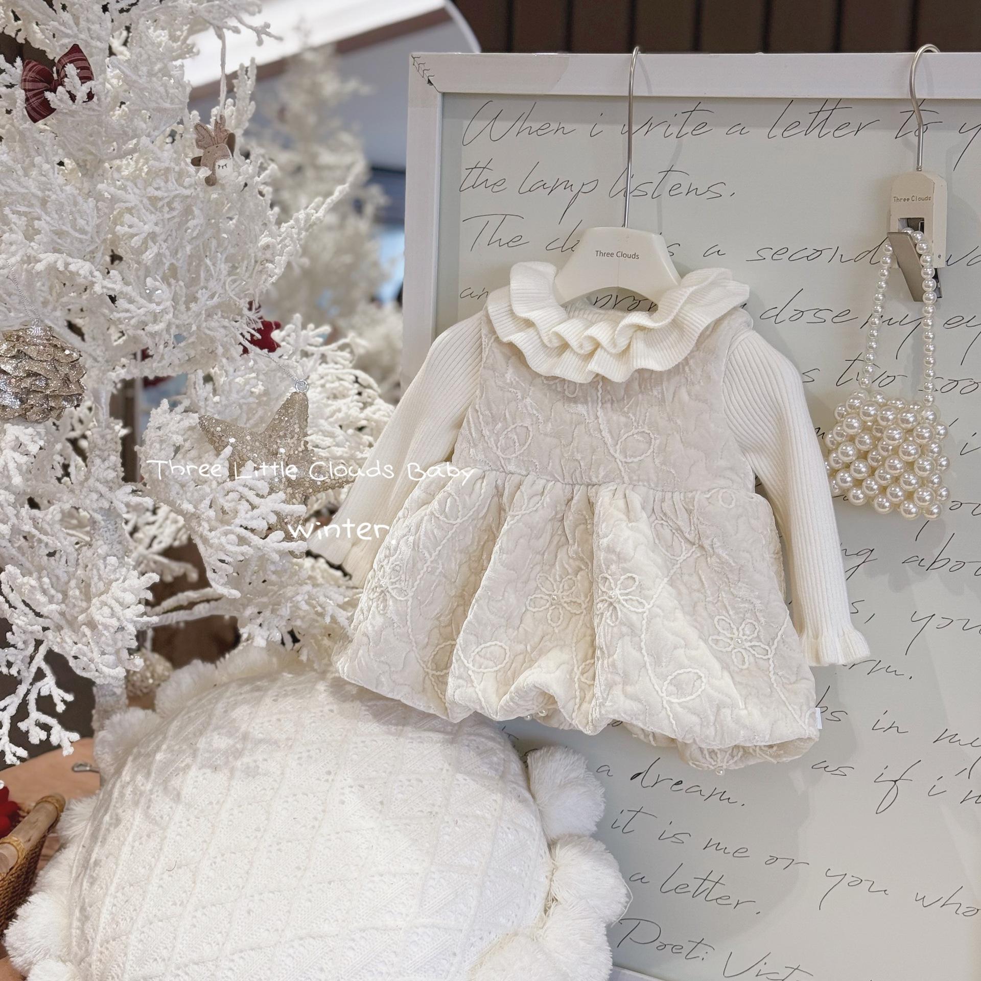 Infant Baby Girl Autumn and Winter Velvet Heavy-Duty High-End Pearl Skirt Quilted Exquisite Dress