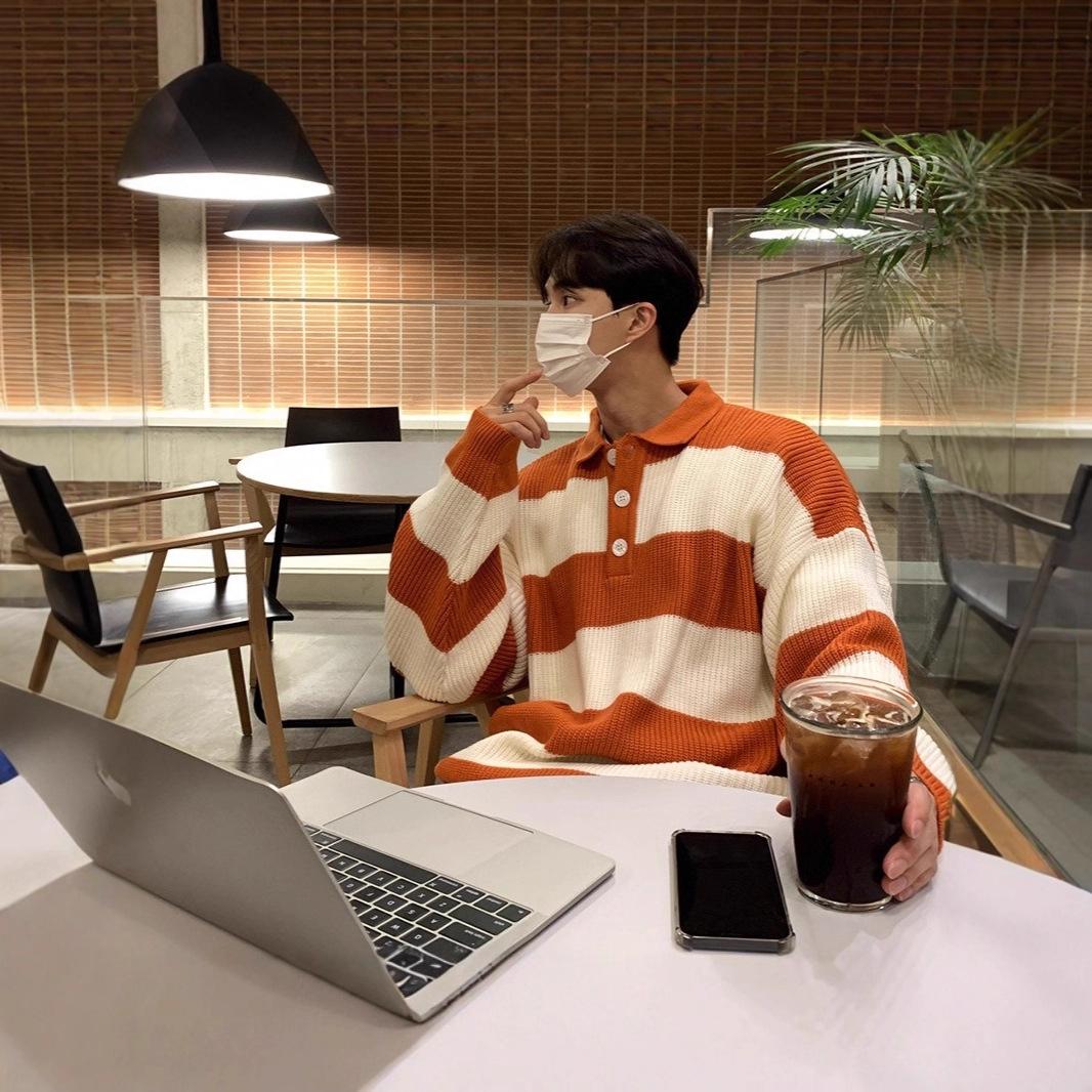 Striped Sweater Men's High-End Loose Retro Japanese Style Lazy Trendy Brand Lapel Knitwear Korean Style Casual Jacket