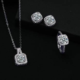 Cross-border Best Selling Square Bag Mosan Diamond Necklace Ring Women's 1 karat Earring Ring Clavicle Chain Shake Tone Live Supply