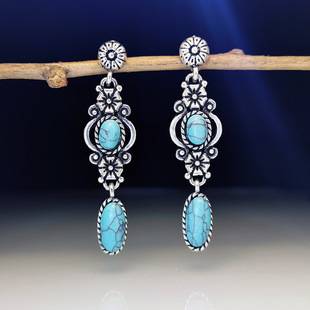 Rongyu European and American 925 Vintage Carved Flower Red Turquoise Earrings American Harajuku Ethnic Bridal Earrings Women