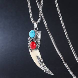 Retro domineering spike men's necklace personality dog tooth pendant American stainless steel pendant punk accessories