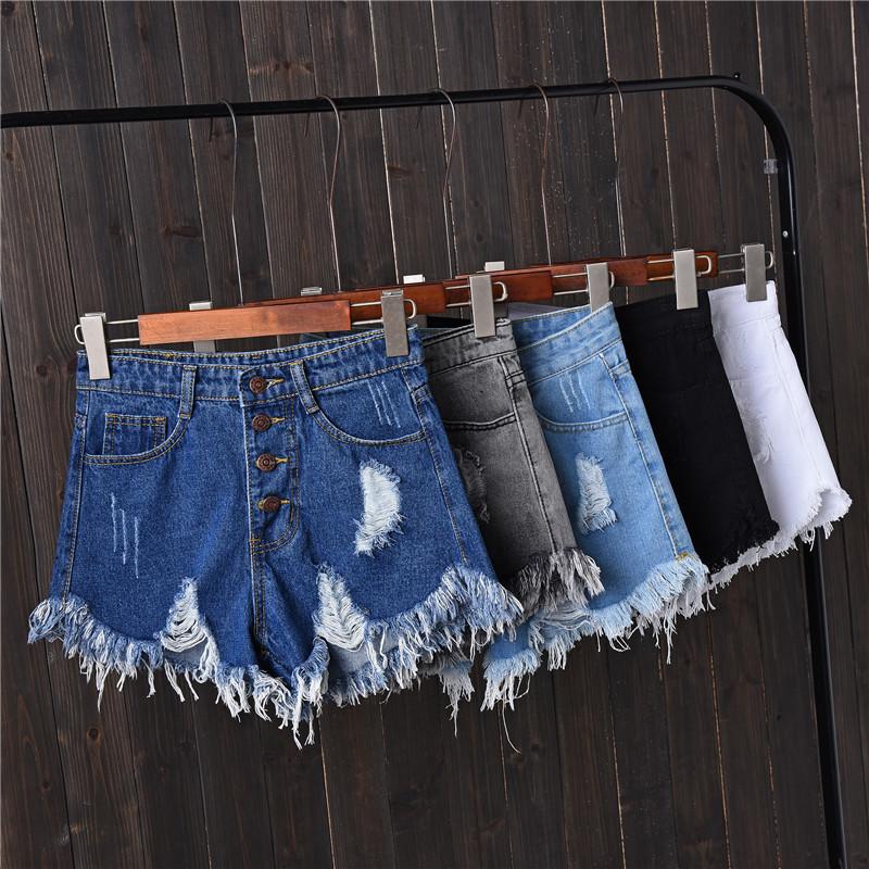 Wholesale Smoky Gray Ripped Button Denim Shorts for Women Summer mm Plus Size Slimming Wide-Leg Pants Distressed Aa Hot Pants with Frayed Edges
