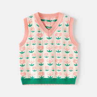 2026 Autumn New Children's Clothing Girls' V-neck Knitted Vest Baby Floral Double-layer Cotton Jacquard Sweater Vest