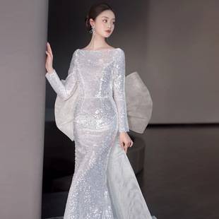 Long-sleeved evening dress dress light luxury niche dignified toast annual meeting host sequins fishtail bride light wedding dress women