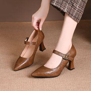 Comfortable One-Strap Shallow Pointed Toe Retro High Heels for Women 2026 Spring New Style Soft Leather Versatile Chunky Heel Single Shoes for Women