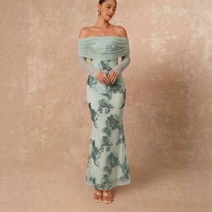 New European and American cross-border foreign trade strapless off-shoulder slimming floral jacquard mesh long dress