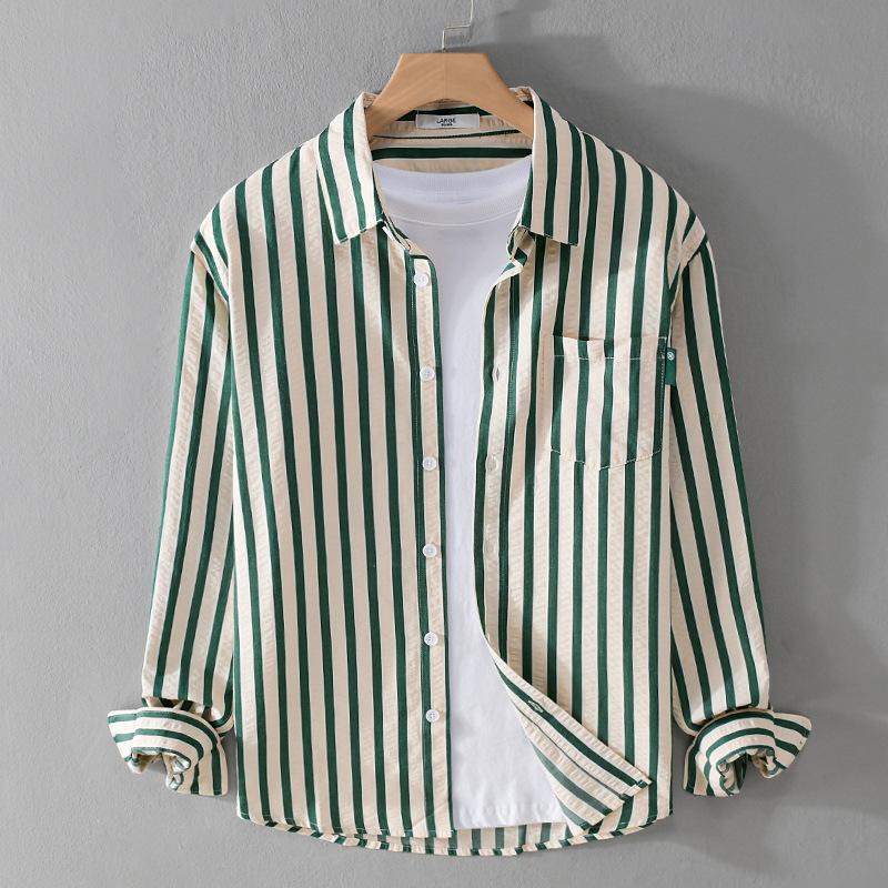 Spring and Autumn Men's Striped Long-Sleeve Shirt, Trendy Bubble Texture, Comfortable and Simple, Young Men's Shirt, Trendy, One-Piece Drop Shipping