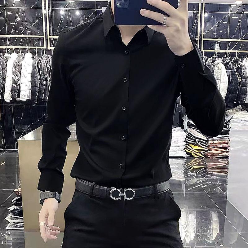 Men's Long-sleeved Black Slim-fit Trendy Shirt Autumn Business Professional Dress Casual White Shirt Suit Base-inch
