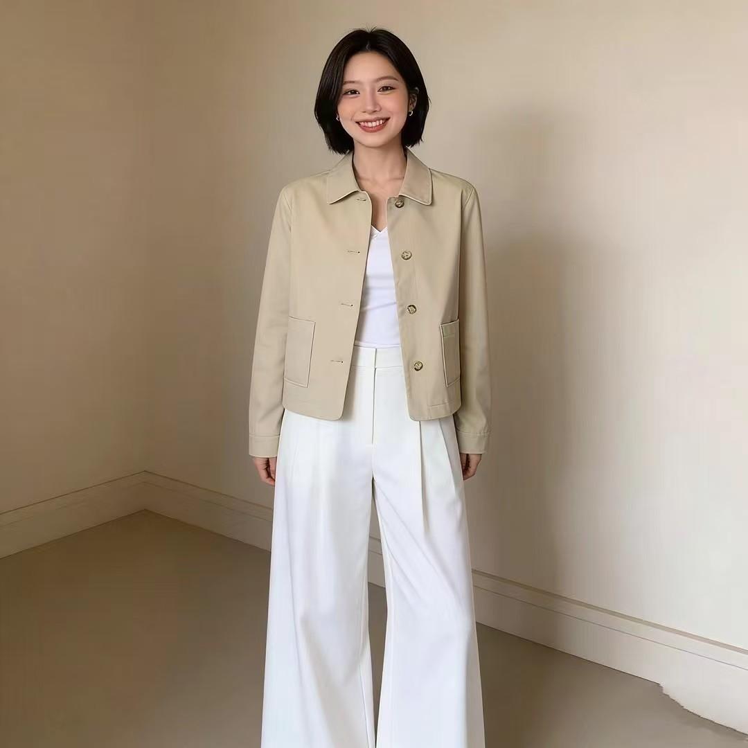 Spring and Summer New Japanese-Style Simple Short Elegant Jacket for Women, Versatile Casual Khaki Workwear Jacket