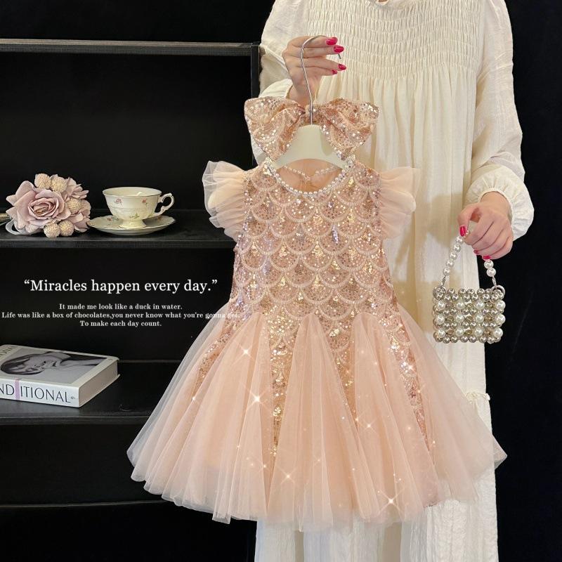 Girls' Dress 2026 Summer New Style Children's Stylish Princess Dress Baby Fashion Mesh Flutter Sleeve Vest Dress