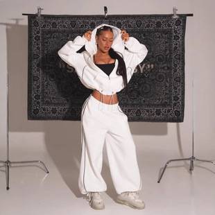 Cross-Border Women's Fashion Line Contrasting Color Hooded Zipper Sweatshirt Suit Casual Loose Straight Pants Two-Piece Set for Women