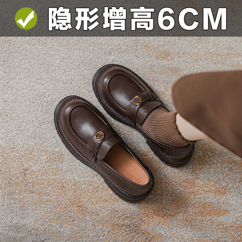 Inner Height 6CM Retro Pleated British Style Camellia Buckle Belt Thick Heeled Thick Bottom Small Leather Shoes Loafers Women's Single-layer Shoes