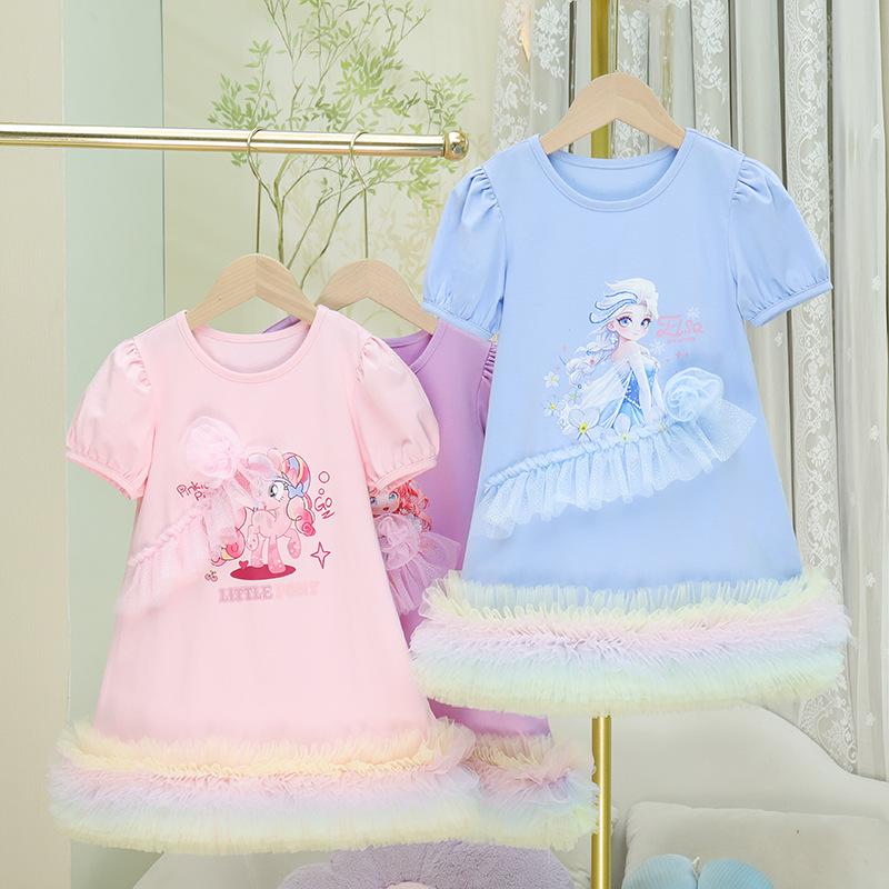 2025 new girls T-shirt skirt spring and summer Korean children dress baby girl short sleeve mesh dress