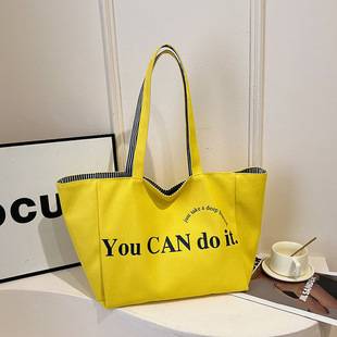 Korean Letter Canvas Large-Capacity Tote Bag 2026 New Double-Sided Striped Bag for Outdoor Casual Use, Single Shoulder Handbag