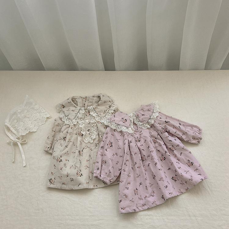 Clearance of Discontinued Sizes 5: Girls' Floral Lace Collar Dress, Autumn Korean Children's Clothing, Sweet Long Dress for Baby Girls