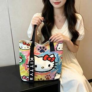 KT cat canvas bag for women, large-capacity tote bag, Hello Kitty cute bag, student shoulder bag, handbag