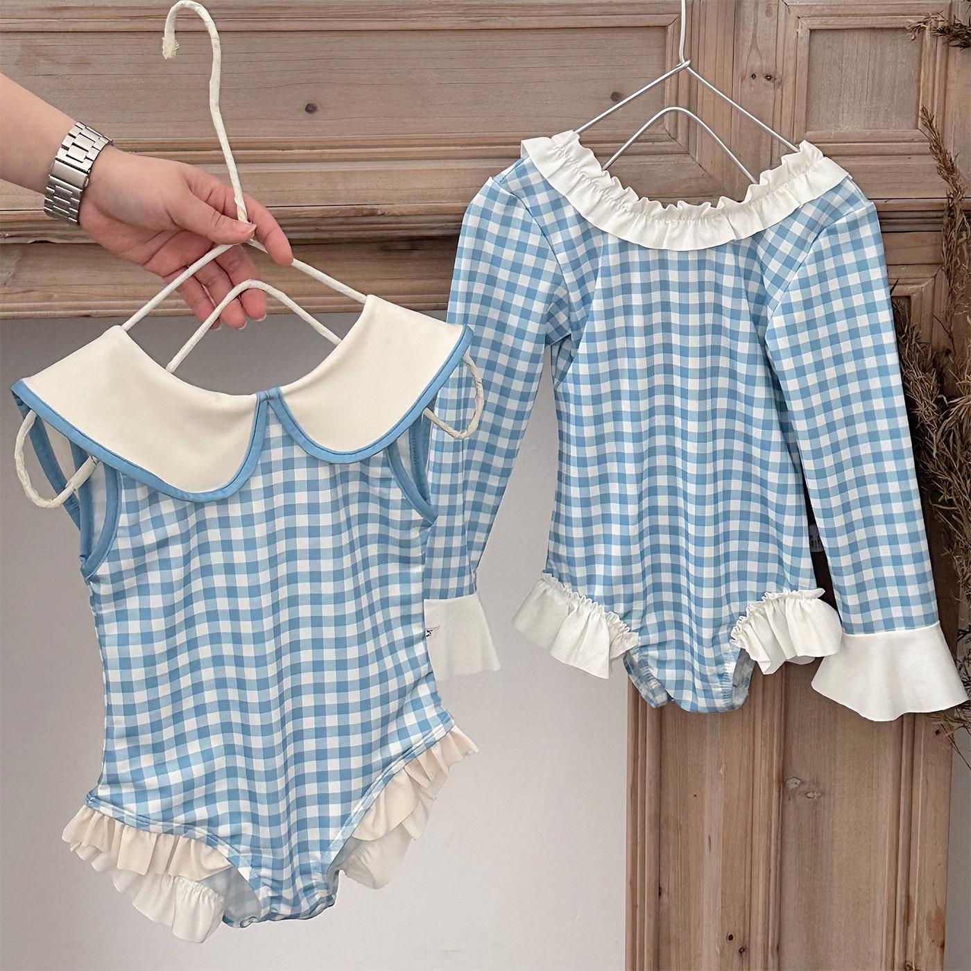 Children's Swimsuit 2026 Summer New Style Girls' Long-Sleeved Sun Protection One-Piece Swimsuit Baby Doll Collar Plaid Suit