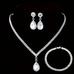 New Cross-Border Bridal Zircon Water Drop Necklace Set Decoration Accessories Bridal Necklace Earrings Bracelet Three-Piece Jewelry Set