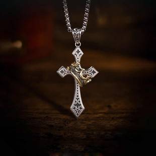 Gold Crown Cross Necklace Men's Trendy Personality Retro Thai Silver Hip-Hop Niche Boys Pendant Hanging Accessories