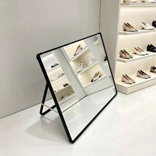 Shoe Fitting Mirror, Shoe Store Mirror Cabinet, Aluminum Alloy Frame, Floor-Standing Mirror for Changing Shoes, Makeup Mirror, Square Tabletop Folding Mirror