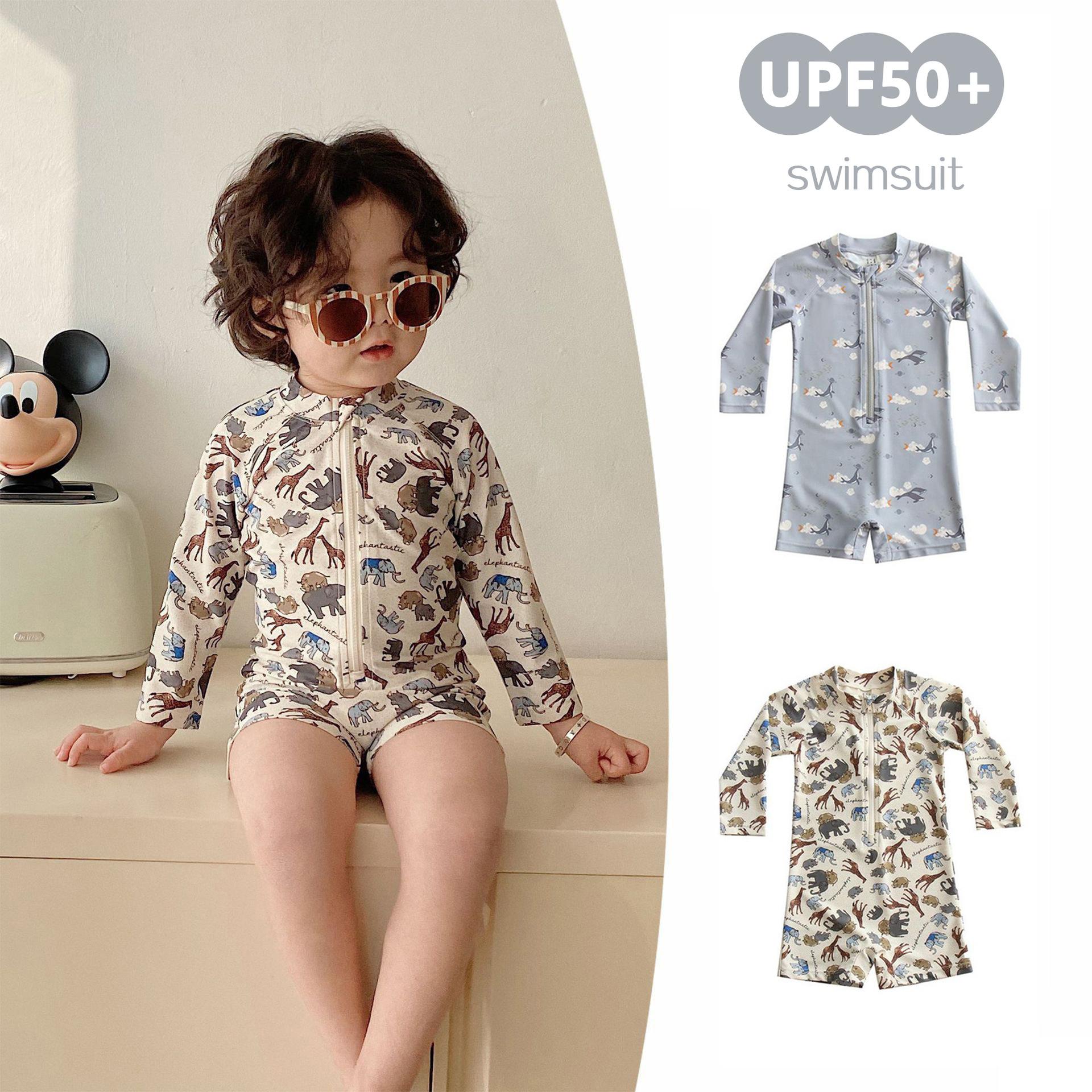 Baby Boy Ins One-Piece Swimsuit Kidsren's Sun Protection Swimsuit Boy's Long-Sleeved Baby Swimsuit Kidsren's Sun Protection Swimsuit