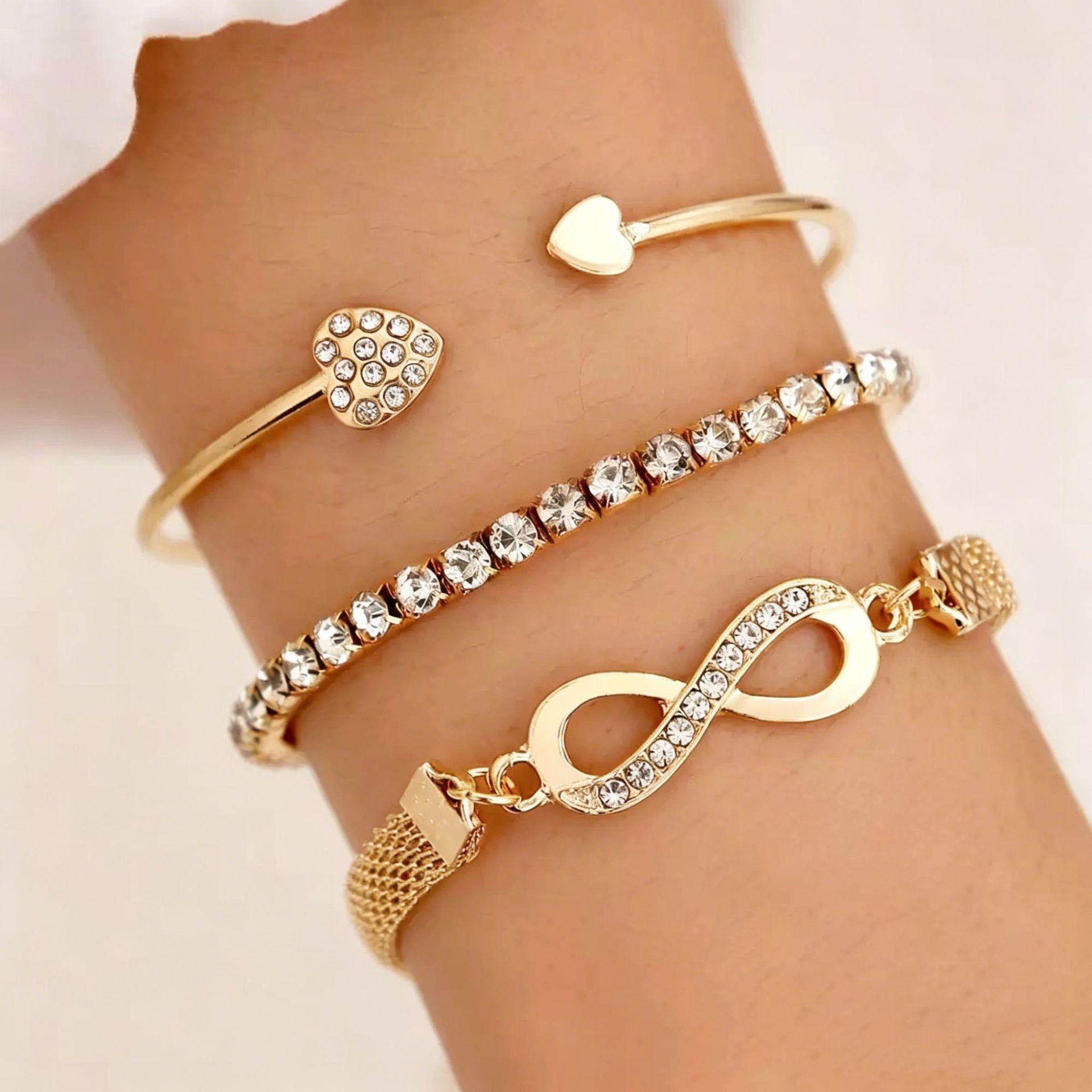 Cross-Border Diamond-Encrusted Love Heart Open Bracelet, Full Diamond Bracelet, Infinity Symbol Bracelet Set, Light Luxury High-End Jewelry Bracelet