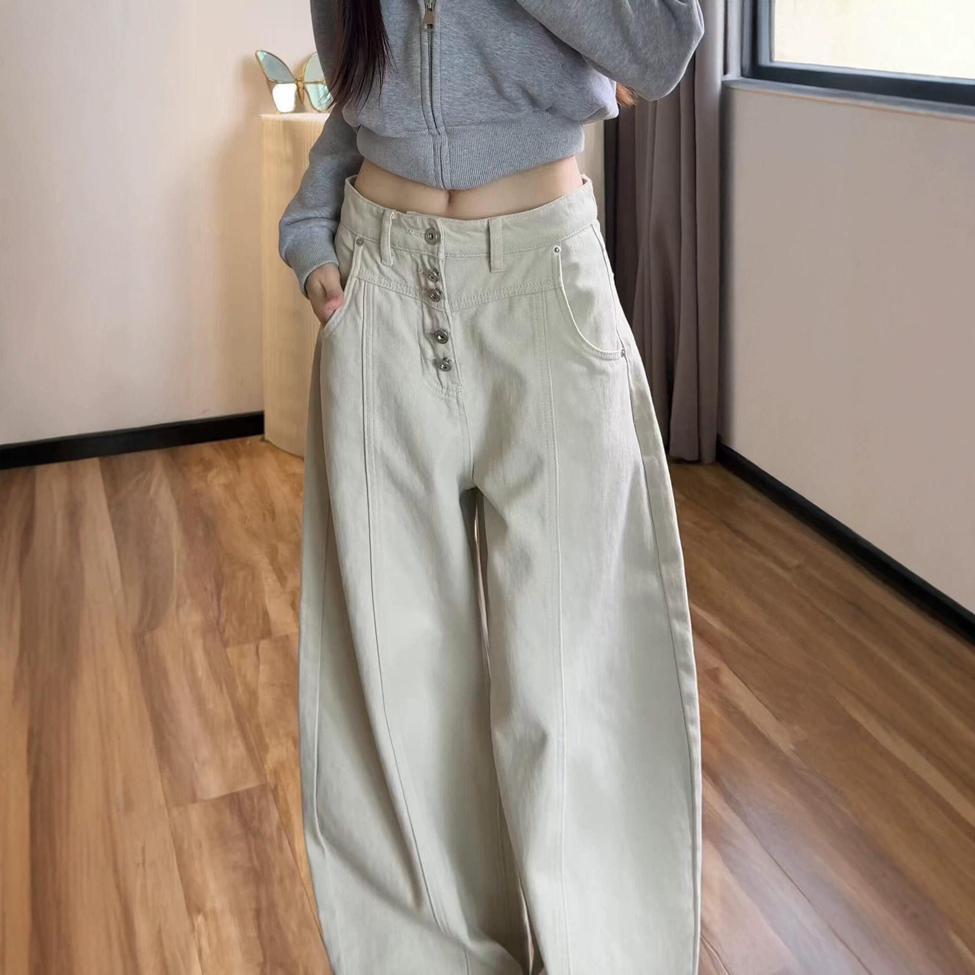 Grayish-white American retro curved cut jeans for women, 2026 spring new style, plus size, high-waisted, loose wide-leg pants