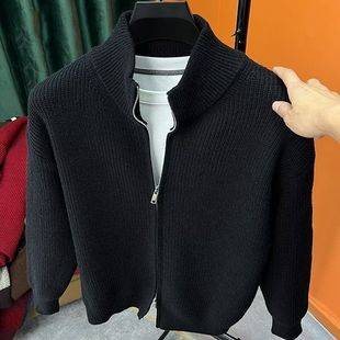 Versatile Solid Color Zipper Cardigan Men's Knit Sweater Autumn and Winter Popular Slim-Fit Sweater Jacket Men's Stand Collar Half-High Outerwear