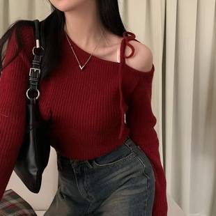 Sexy off-shoulder lace-up sweater women's Korean-style autumn and winter new slim-fit slimming short sweater top