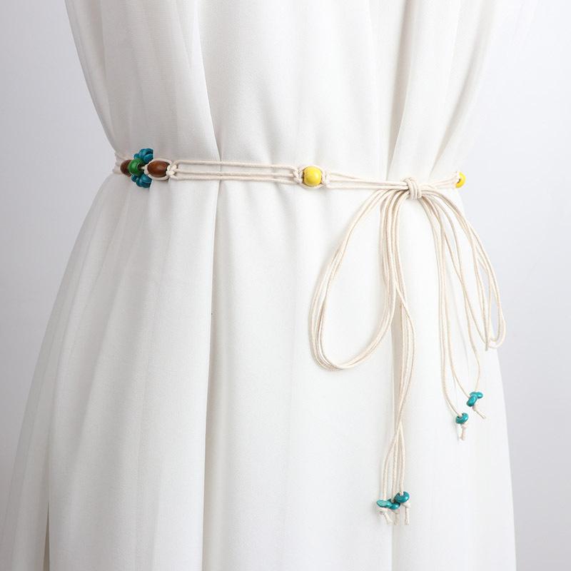 Thin Narrow Wooden Beads Woven Cotton Rope Belt Bohemian Pants Skirt Decorative Waist Rope Waist Chain Knotted Belt Women