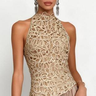 2026 European and American Early Spring High-End Heavy Lace Patchwork Halter Neck Dress Women's Sleeveless Vest Evening Gown Long Dress